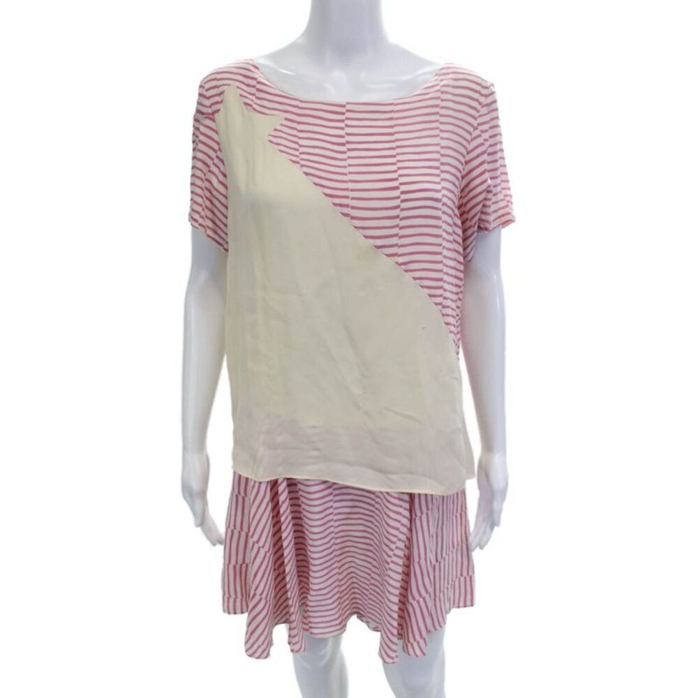 Thakoon Addition Womens Shift Dress Beige Silk Striped Short Sleeve Mini Size 6